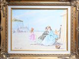a picture of a painting of a woman and a child on the beach