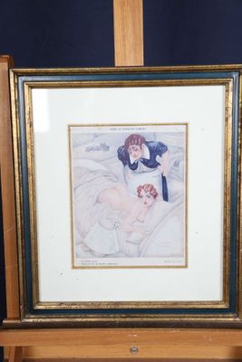 tableau représentant une femme coiffée d'un chapeau, posé sur un chevalet en bois