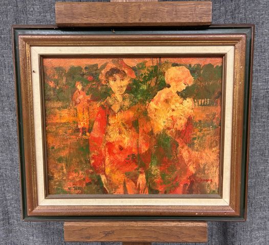 Daniel JAUGEY (1929) « Personnages au coucher du soleil ». Huile ...