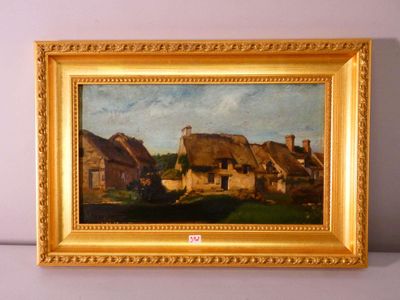 an oil painting of a village with a thatched roof