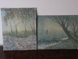 two paintings of a man walking in the woods on a table