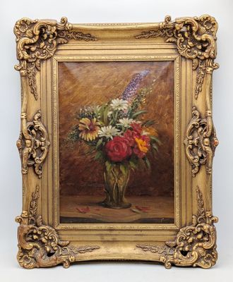 painting of a vase of flowers on a table with a gold frame