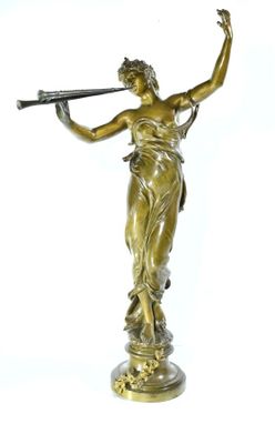 bronze statue of a woman holding a golf club on a white background