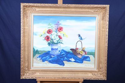une photo d'un tableau représentant des fleurs dans un vase posé sur un chevalet