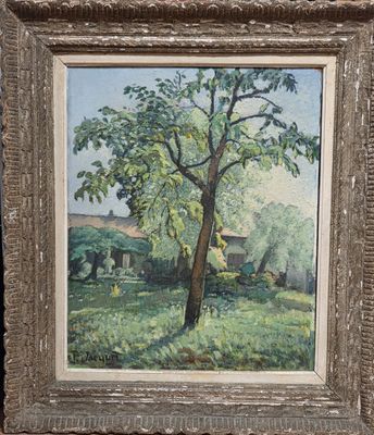 an oil painting of cows grazing in a field next to a tree