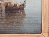 a painting of a boat in the water with people on it