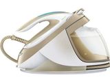 an image of a white and gold steam iron on a white background