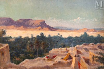 une image représentant un tableau représentant une scène désertique avec une montagne en arrière-plan