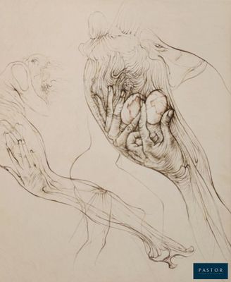 drawing of a woman holding a baby in her hands