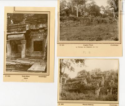 trois vieilles photographies d'un bâtiment situé dans un champ, avec des arbres en arrière-plan