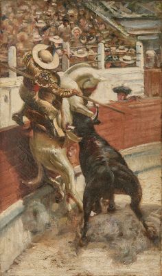 une image représentant un tableau où l'on voit un homme à cheval et un taureau lors d'une corrida