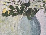 a painting of flowers in a blue vase on a table