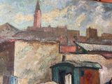 a painting on the wall of a building with a clock tower in the background