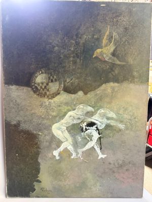 une photo d'un tableau représentant deux personnes et un oiseau
