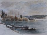 two boats that are sitting on the water in the snow