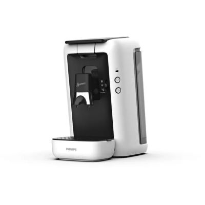 une photo d'une machine à café blanche posée sur une surface blanche