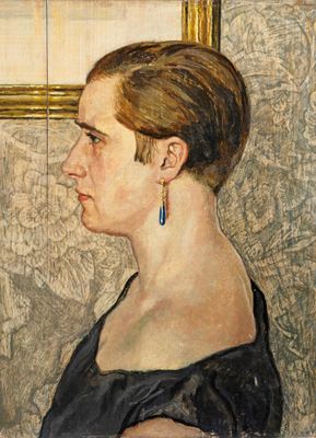 tableau représentant une femme en robe noire regardant dans un miroir
