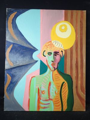 tableau représentant un homme avec une balle jaune au-dessus de la tête