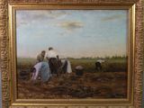 une peinture à l'huile représentant un groupe de personnes travaillant dans un champ