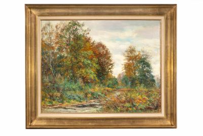 un tableau représentant un paysage boisé avec des arbres et une rivière