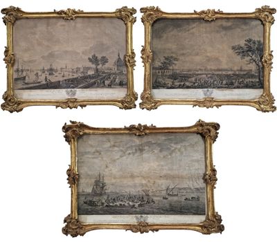 trois tableaux encadrés représentant un paysage avec une rivière et une ville