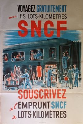affiche représentant une gare où des personnes montent dans un train sur le quai