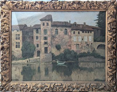painting of a building with a boat in front of a body of water