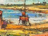 an oil painting of a boat in a body of water
