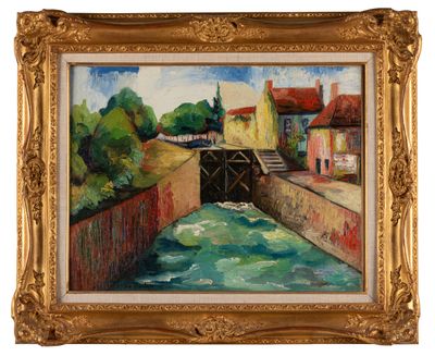 une peinture à l'huile représentant un pont sur une rivière avec des bâtiments à l'arrière-plan