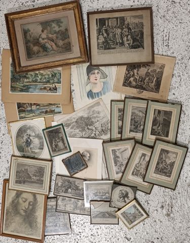 Important lot de gravures. Monuments, scènes animées, scènes anti
