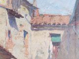 an oil painting of a building with clothes hanging out to dry on a clothes line