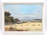 an oil painting of a beach scene with hay bales in the foreground