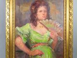 painting of a woman in a green dress holding a fan