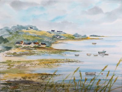 a watercolor painting of a beach with boats in the water