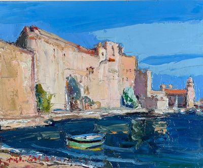 a painting of a boat in the water near a building