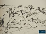 drawing of a group of people riding horses in a field