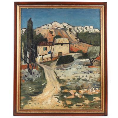 une peinture représentant un chemin de terre devant une montagne