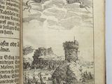 an open book with a picture of a castle in the background