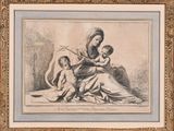 an old drawing of a woman holding a baby and a child