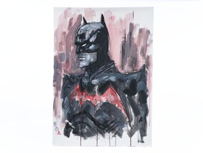 painting of a batman standing in front of a cityscape