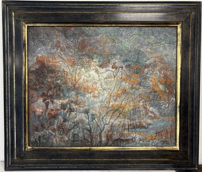 a painting of a landscape with trees and clouds in a black frame