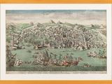 an old painting of a city surrounded by ships in a body of water