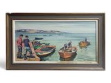 a picture of a painting of a group of people on the beach