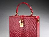 a close up of a red handbag with a lock on it