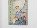 an illustration of a woman sitting in a chair with a fan on her head