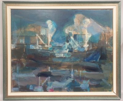 a painting of a couple of boats in the water