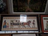 three framed pictures of people riding horses and a carriage