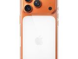 the back of an orange iphone 11 with a camera attached to it