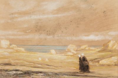 an image of a painting of two people standing in a desert