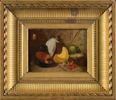 tableau représentant une nature morte composée de légumes et de fruits, dans un cadre doré